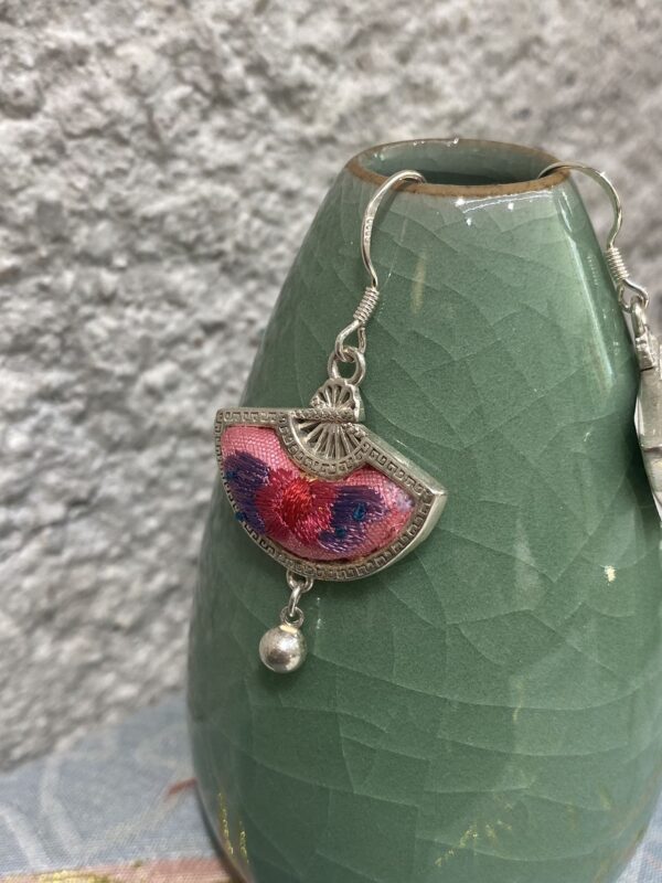Handmade Miao embroidery silver earrings—pink fan-shaped embroidery pattern with tassels - Image 3