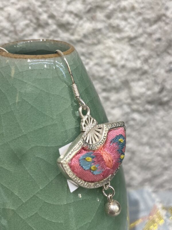 Handmade Miao embroidery silver earrings—pink fan-shaped embroidery pattern with tassels - Image 2