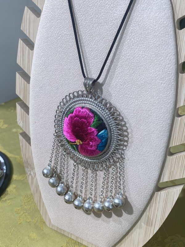 Handmade Miao embroidery silver necklace——flower pattern with tassels - Image 2