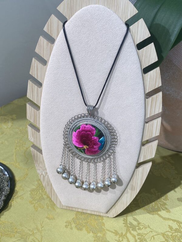 Handmade Miao embroidery silver necklace——flower pattern with tassels
