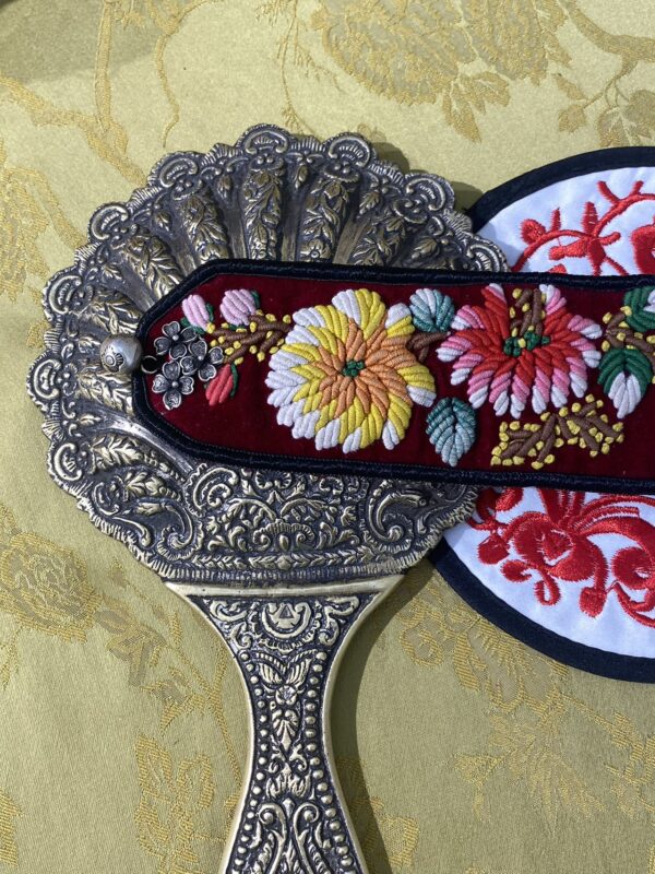 Handmade Miao embroidery silver bracelet——single buckle with red background and chrysanthemum pattern - Image 3