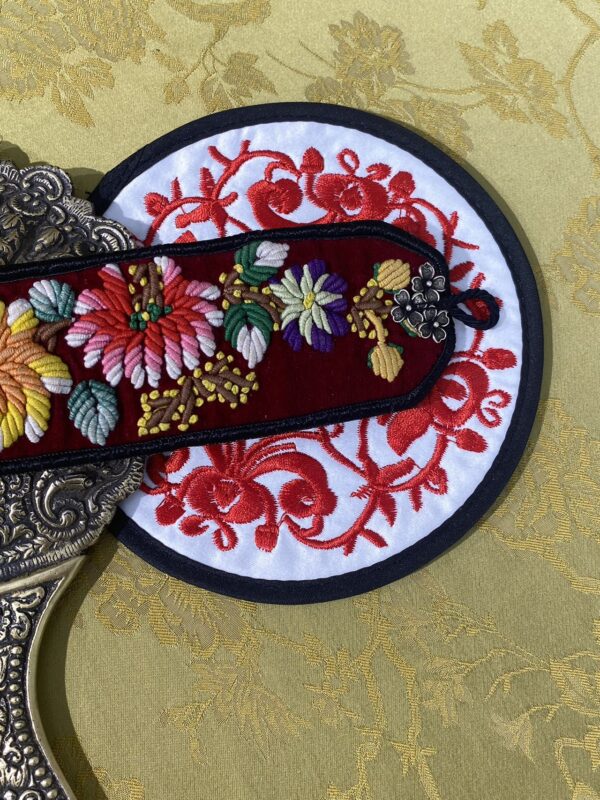 Handmade Miao embroidery silver bracelet——single buckle with red background and chrysanthemum pattern - Image 2