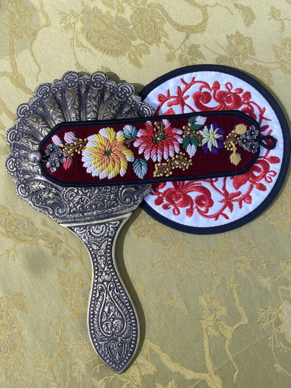 Handmade Miao embroidery silver bracelet——single buckle with red background and chrysanthemum pattern