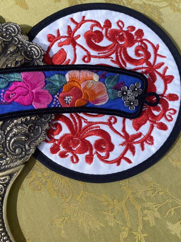 Handmade Miao embroidery silver bracelet - single buckle with blue peony pattern - Image 3