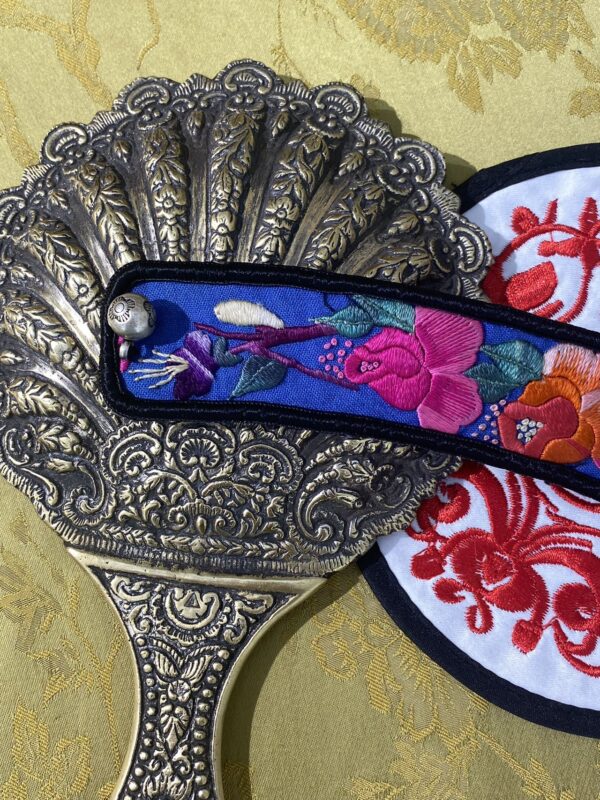 Handmade Miao embroidery silver bracelet - single buckle with blue peony pattern - Image 2