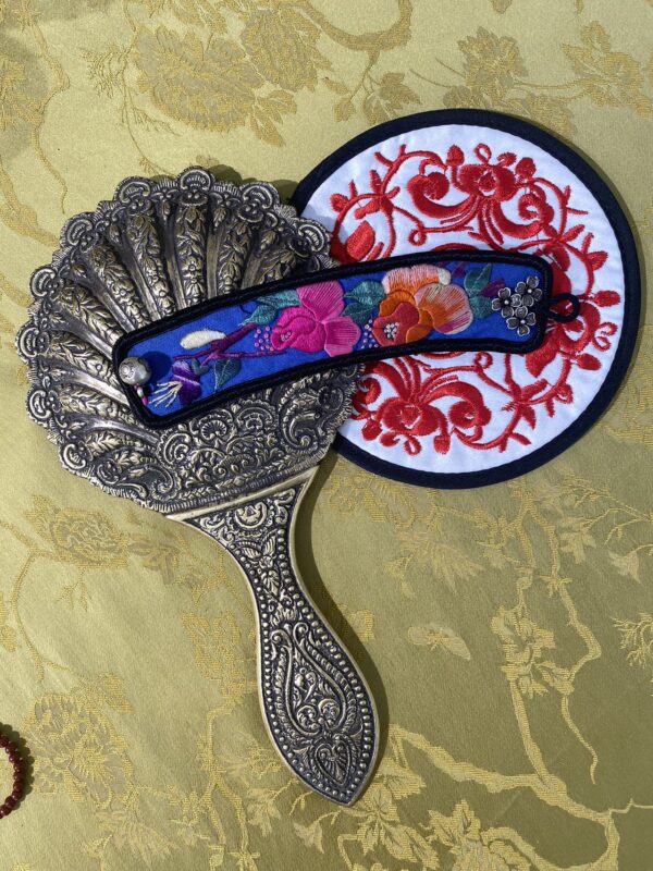 Handmade Miao embroidery silver bracelet - single buckle with blue peony pattern