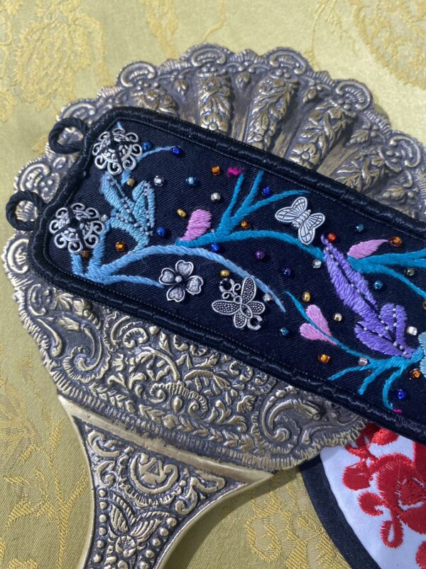 Handmade Miao embroidery silver bracelet - double buckle with black background and orchid & butterfly pattern - Image 3