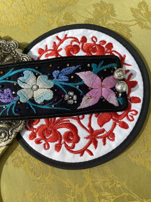 Handmade Miao embroidery silver bracelet - double buckle with black background and orchid & butterfly pattern - Image 2