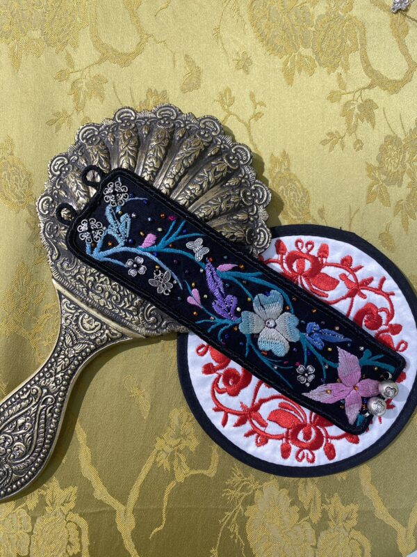 Handmade Miao embroidery silver bracelet - double buckle with black background and orchid & butterfly pattern