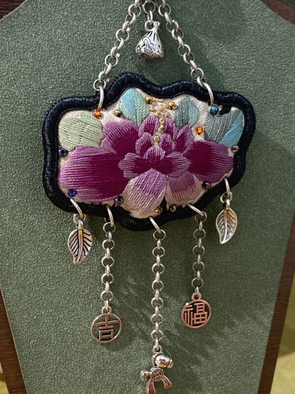 Handmade Miao embroidery silver brooch - green background lotus pattern with tassels - Image 2
