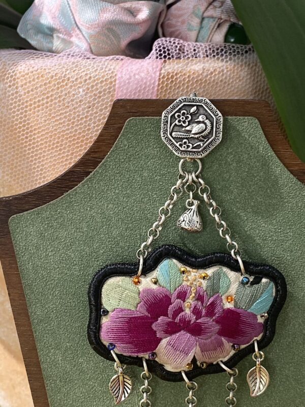 Handmade Miao embroidery silver brooch - green background lotus pattern with tassels - Image 3