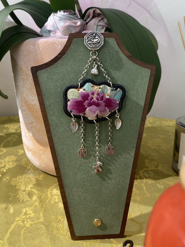 Handmade Miao embroidery silver brooch - green background lotus pattern with tassels